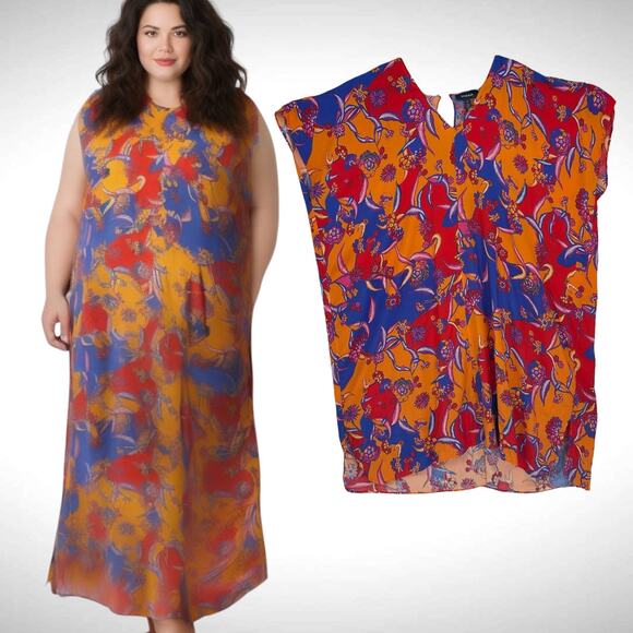 ModCloth Floral Tropical Twirl Kaftan Shirt Long Dress Orange Blue Size‎ Large - Picture 1 of 9